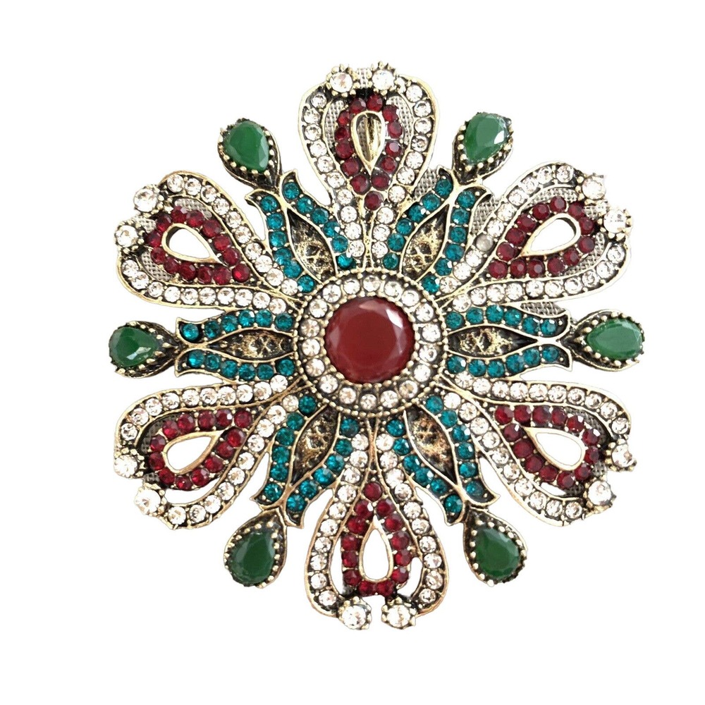 Brooch with Rhinestones Bohemian Style Boho 2.5” Diameter Victorian Pin